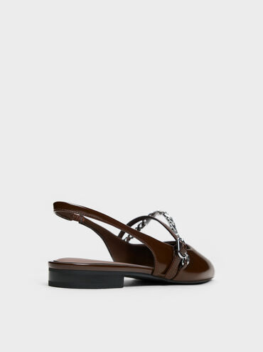 Sepatu Flats Slingback Chain Pointed Georgie, Dark Brown, hi-res