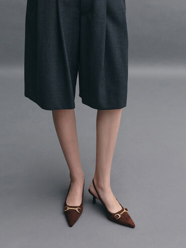 Leslie Faux Suede Metallic-Accent Slingback Pumps, Dark Brown Textured, hi-res