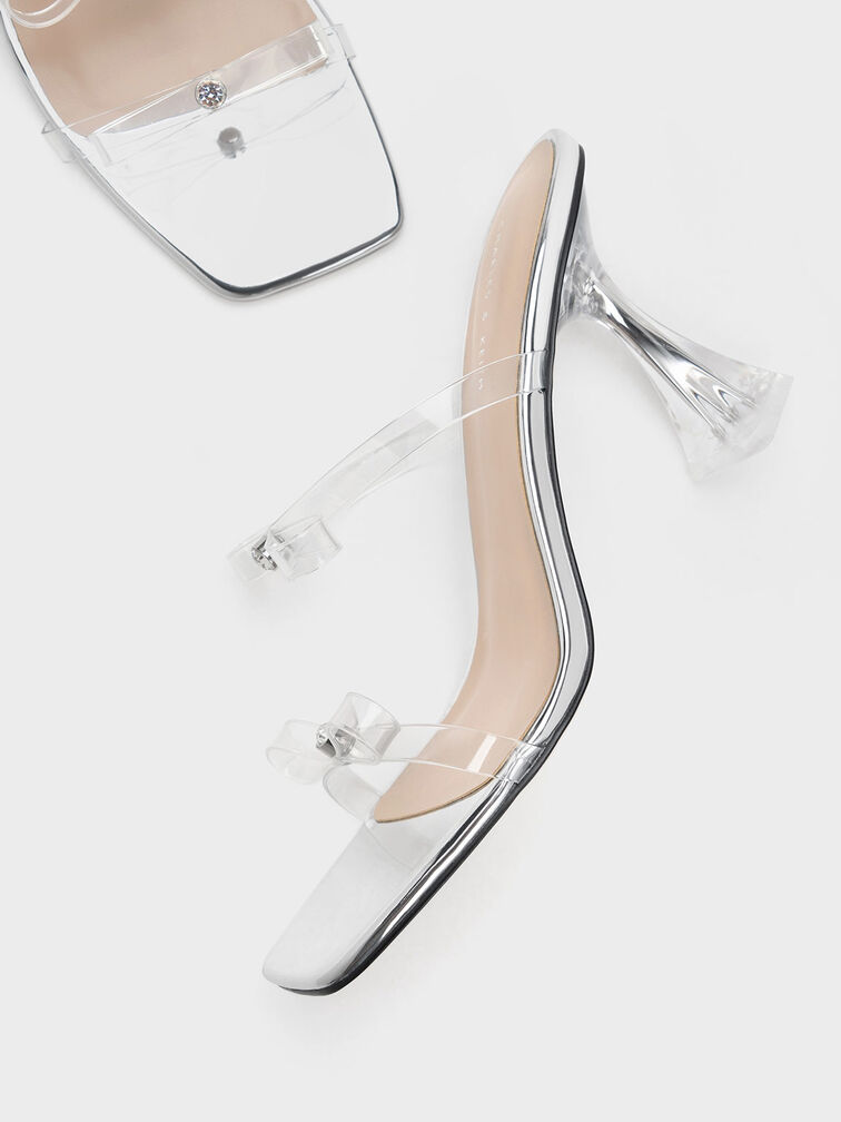Embellished Bow See-Through Sandals, Silver, hi-res