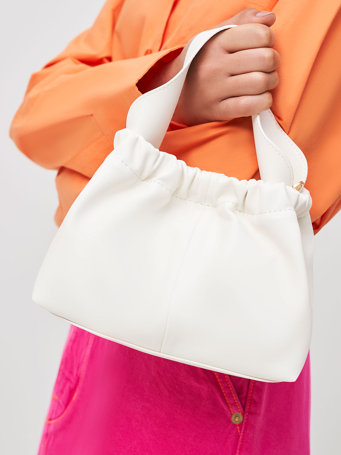 Ruched Slouchy Bucket Bag, White, hi-res