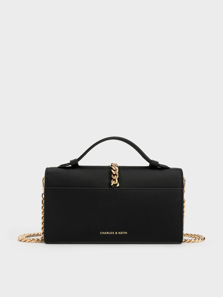 Taisia Satin Chain-Strap Envelope Bag, Black, hi-res