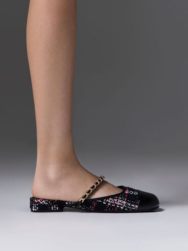 Sepatu Mules Chain-Strap Patent & Tweed, Multi, hi-res