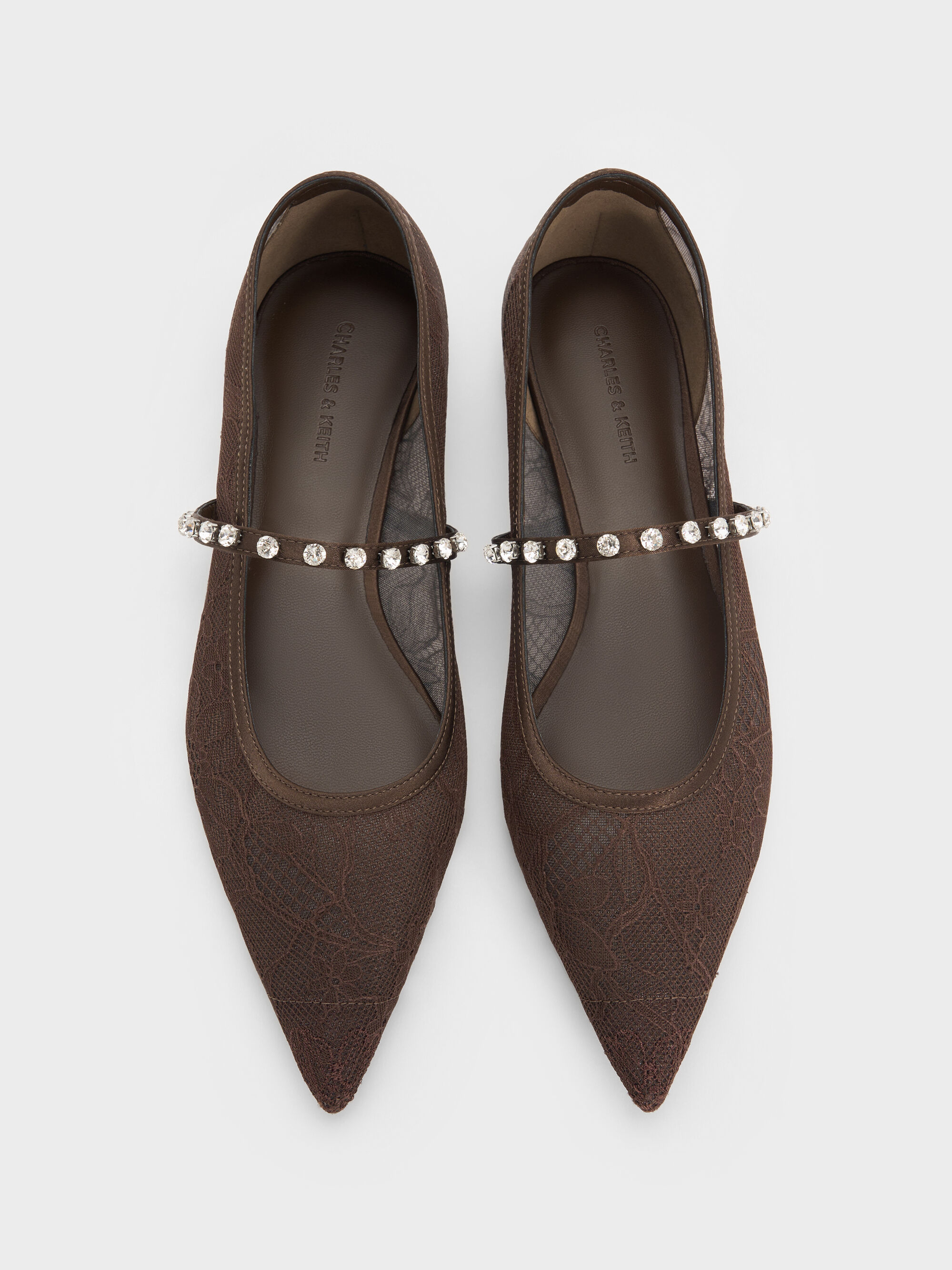 Db.Txt Sepatu Flats Mary Janes Crystal Lace & Satin - Dark Brown