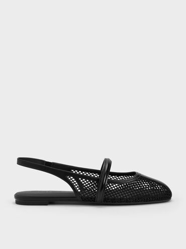 Sepatu Flats Mary Jane Slingback Mesh Ellory, Black Textured, hi-res