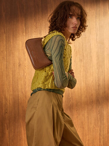 Tas Bahu Chain-Link Croc-Effect Eispeth, Chocolate Croco, hi-res