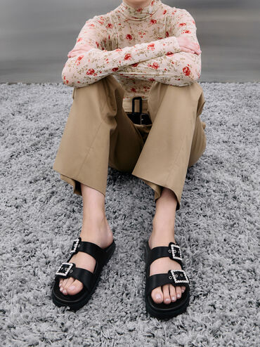 Sandal Double-Strap Gem-Buckle Recycled Polyester, Black Textured, hi-res