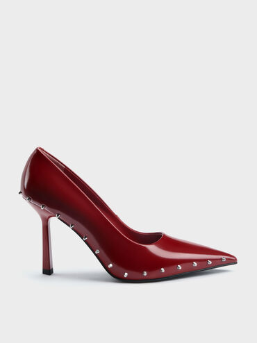 Coralie Studded Pointed Pumps, Red, hi-res