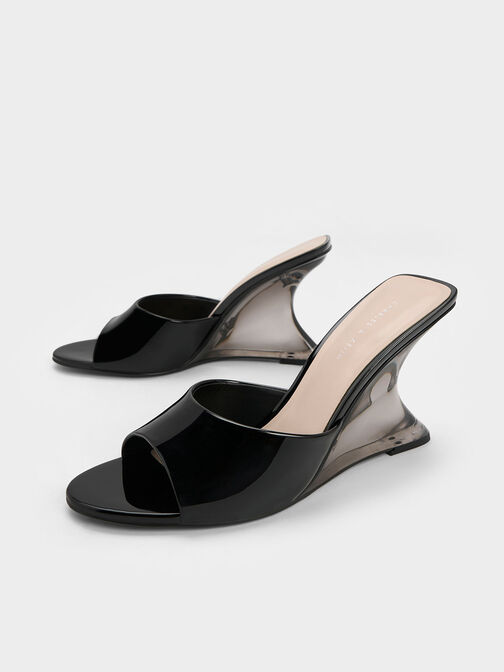 Sepatu Wedges Patent Sculptural Heel, Black Patent, hi-res