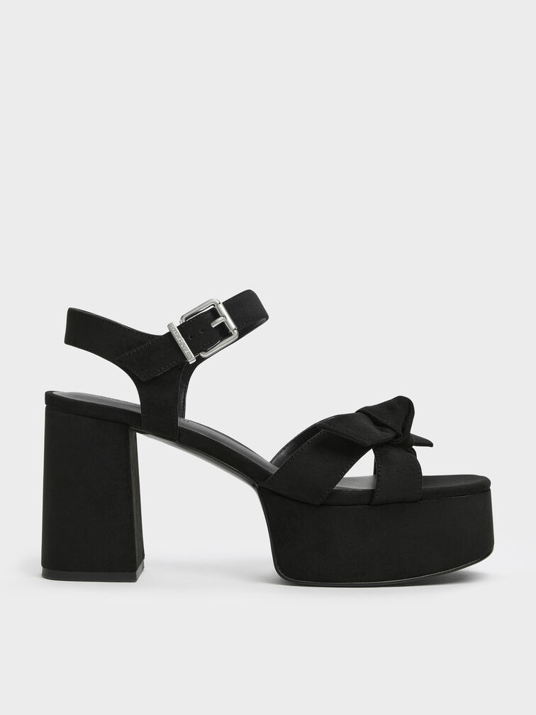 Sandal Platform Knot-Bow Anika Faux Suede, Black Textured, hi-res