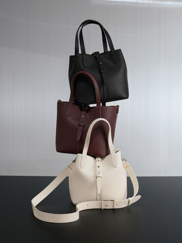 Tas Bucket Belted Double-Handle Recycled Leather Beryl, Black, hi-res