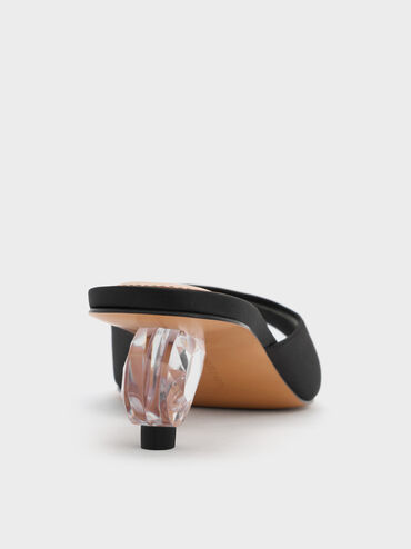 Sepatu Mules Crystal-Heel Satin, Black Textured, hi-res