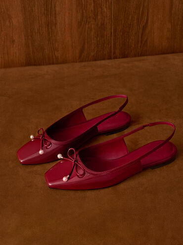 Barbara Patent Pearl-Bow Slingback Flats, Red, hi-res