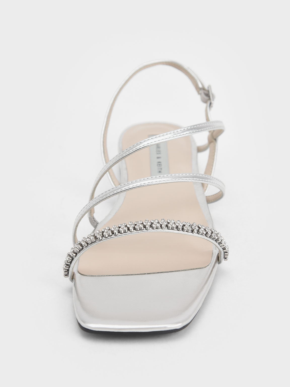 Gem-Encrusted Strappy Metallic Slingback Sandals, Silver, hi-res