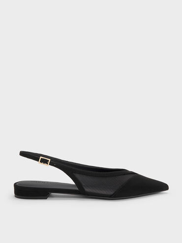 Sepatu Flats Slingback Suede & Mesh Faux, Black Textured, hi-res
