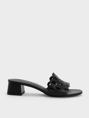 Sepatu Mules Block-Heel Cut-Out, Black, hi-res