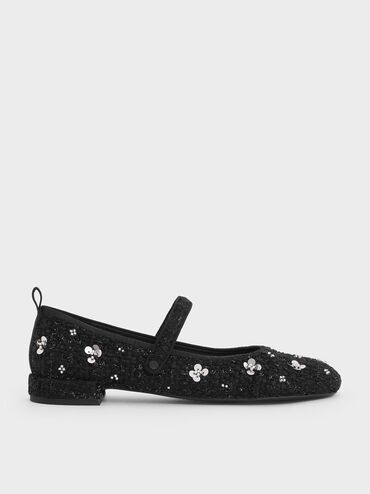 Tweed Flower-Embellished Mary Janes, Black Textured, hi-res
