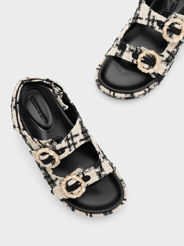 Sandal Double Strap Tweed Pearl-Buckle, Black Textured, hi-res