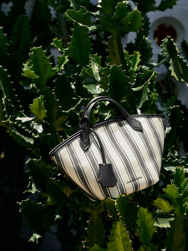 Tas Tote Striped Ivanna Mini Canvas, Noir, hi-res