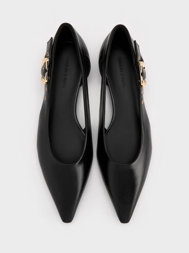 Sepatu Flats Ballet Cut-Out Buckled, Black, hi-res