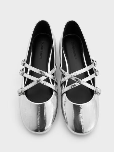 Metallic Triple-Strap Crossover Mary Jane Flats, Silver, hi-res