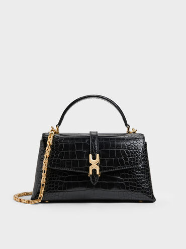 Tas Top Handle Chain-Strap Metallic-Buckle Adalyn Croc-Effect, Black Croco, hi-res