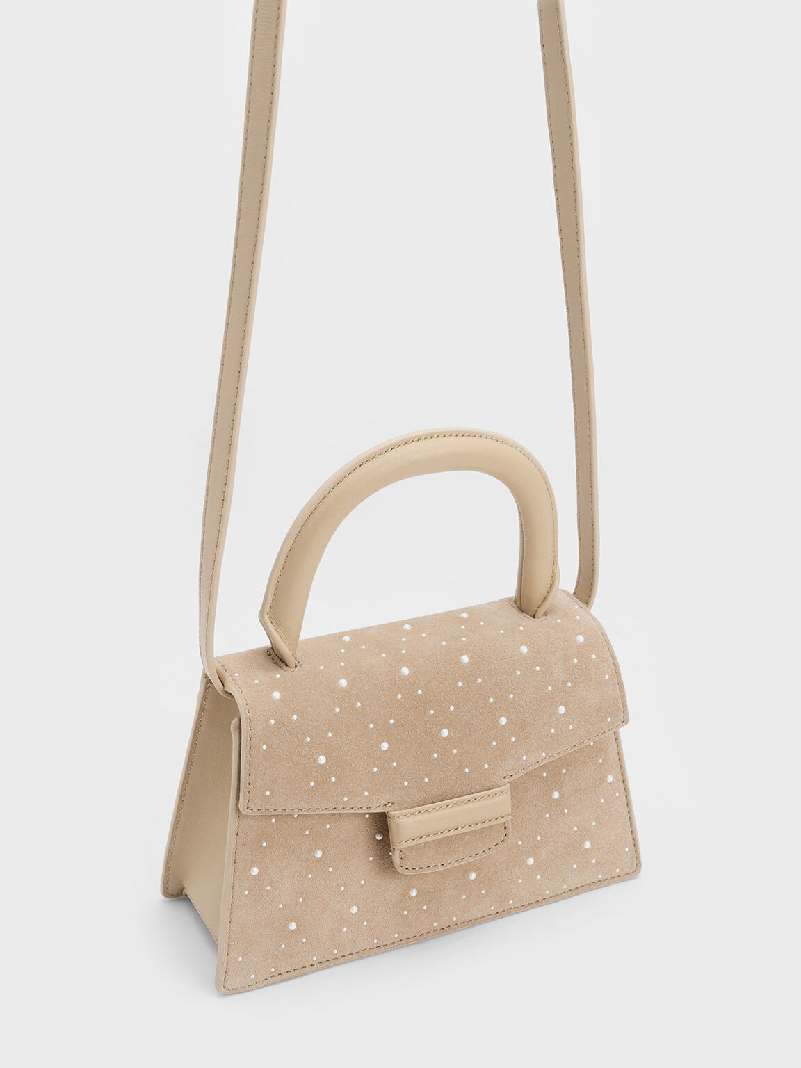 Bead & Crystal-Embellished Top Handle Bag, Nude, hi-res