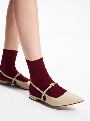 Sepatu Slingback Flats Pointed-Toe Metallic-Accent, Taupe, hi-res