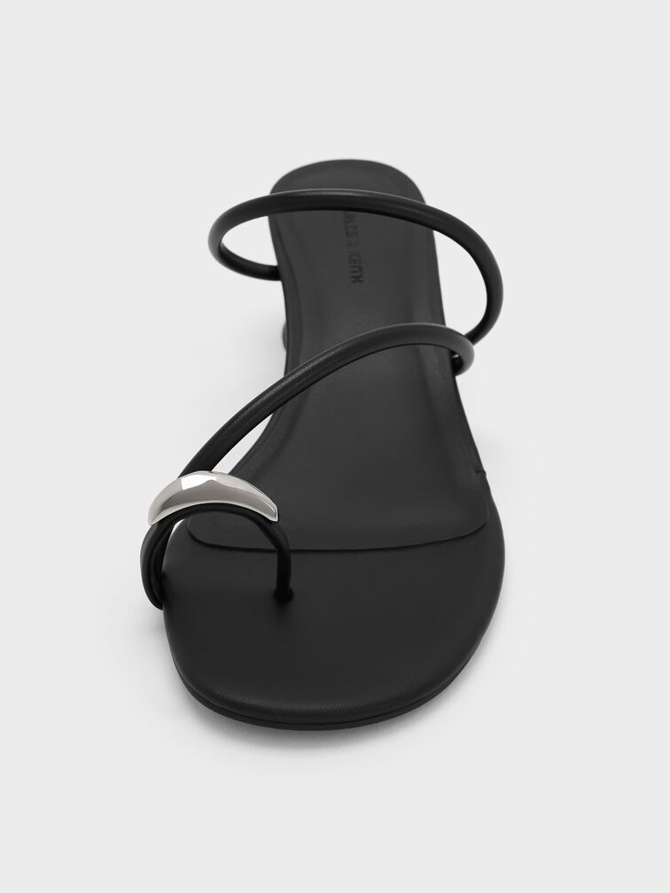 Sandal Heeled Strappy Toe-Ring Metallic-Accent, Black, hi-res