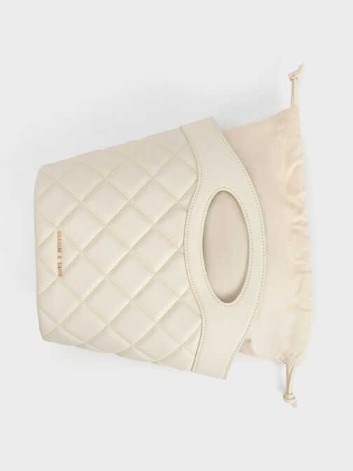 Quilted Chain-Link Curved-Handle Bucket Bag, Cream, hi-res