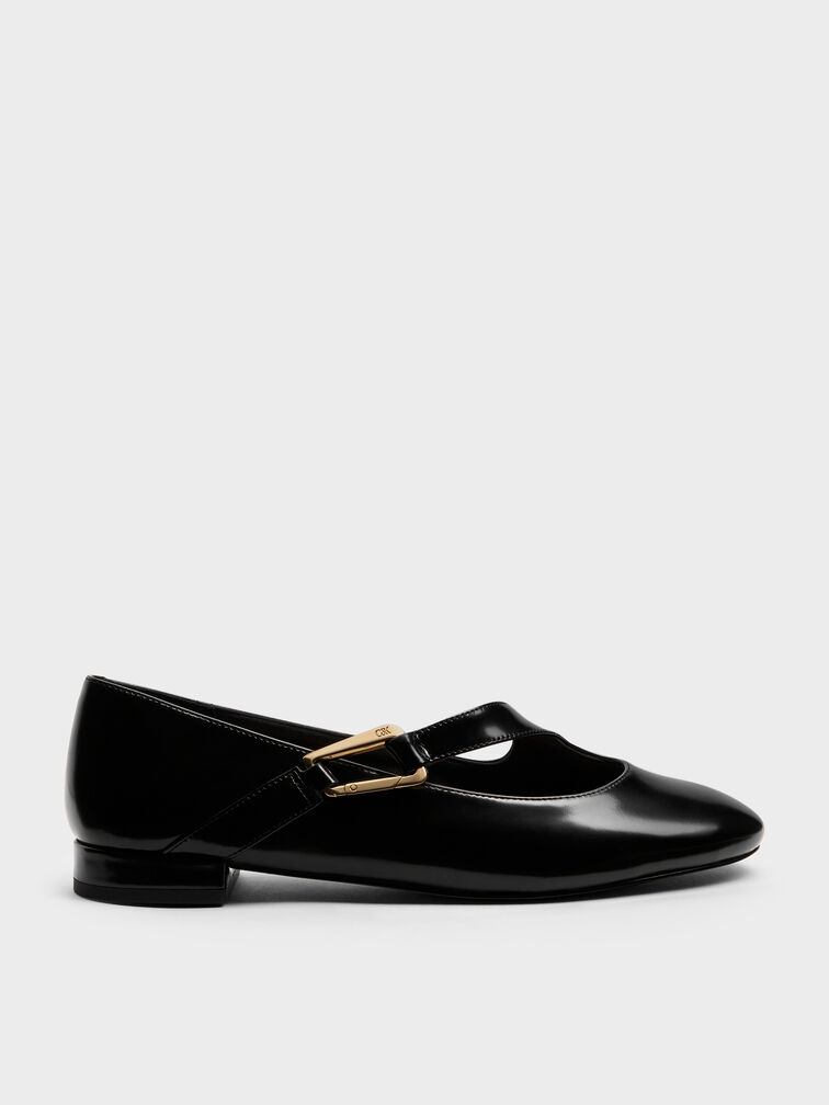 Sepatu Mary Jane Daena Leather Asymmetric-Strap, Black Box, hi-res