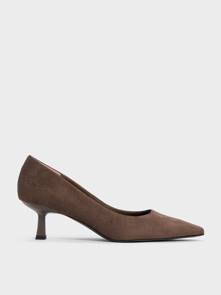 Sepatu Pumps Pointed Emmy Faux Suede, Dark Brown Textured, hi-res