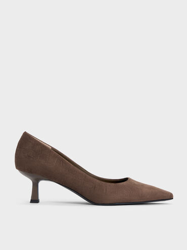 Sepatu Pumps Pointed Emmy Faux Suede, Dark Brown Textured, hi-res