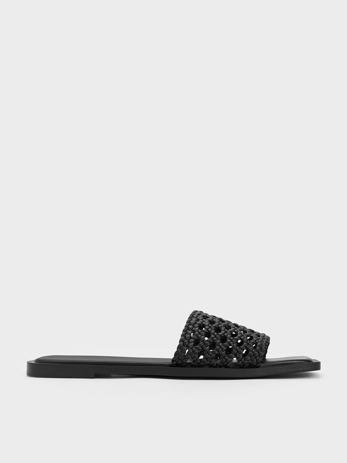 Sandal Slides Square-Toe Woven, Black, hi-res