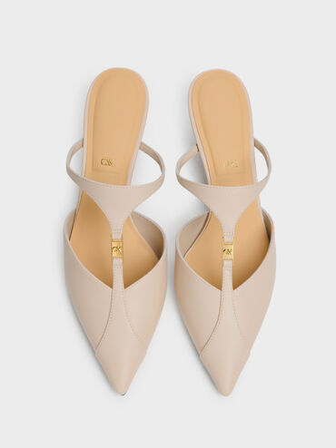 Leather T-Bar Pointed Kitten Heels, Oat, hi-res