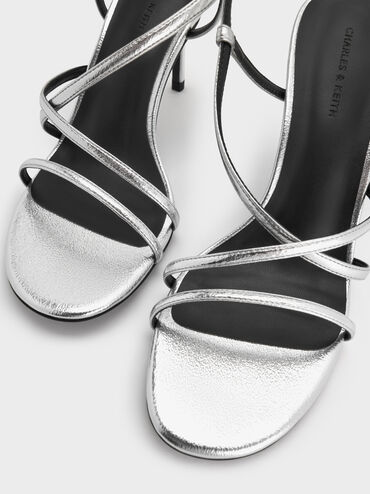Metallic Strappy Stiletto-Heel Slingback Sandals, Silver, hi-res