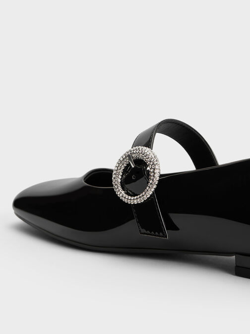 Patent Crystal-Embellished Buckle Mary Jane Flats, Black Patent, hi-res