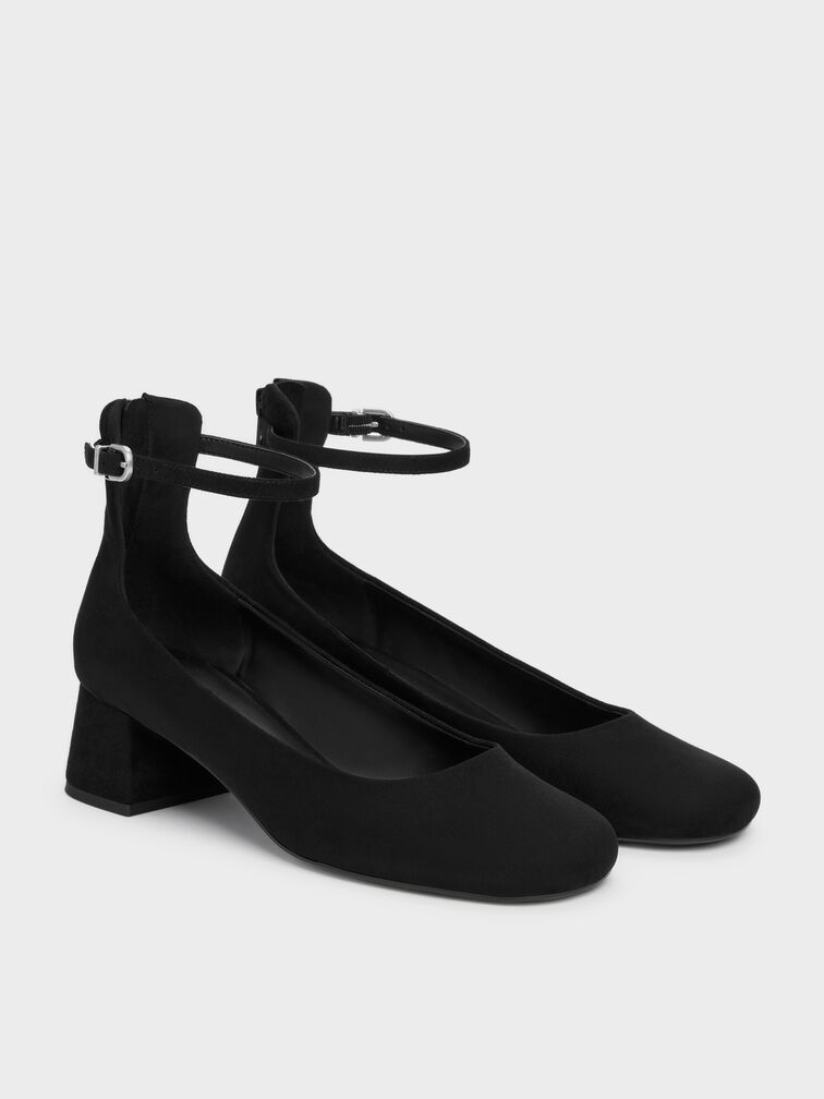 Sepatu Pumps Ankle-Strap Block-Heel Faux Suede, Black Textured, hi-res
