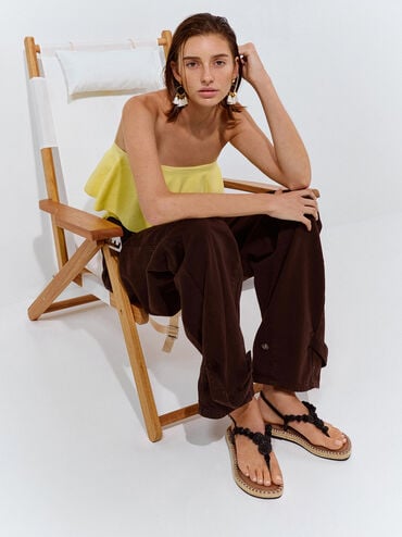 Flower Espadrille Thong Sandals, Black, hi-res