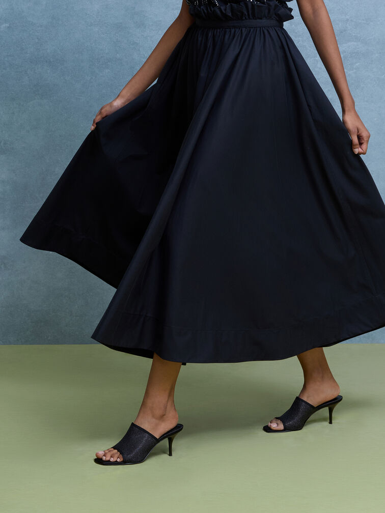 Sepatu Mules Heeled Glittered Mesh, Black Textured, hi-res