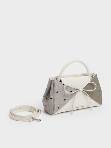 Tas Top Handle Panelled Bow Heart-Print Hazel, Taupe, hi-res