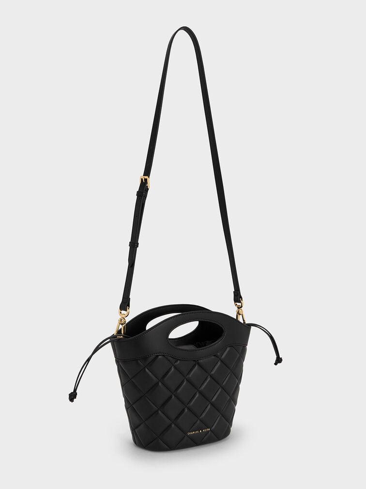 Tas Bucket Curved-Handle Quilted Chain-Link, Black, hi-res