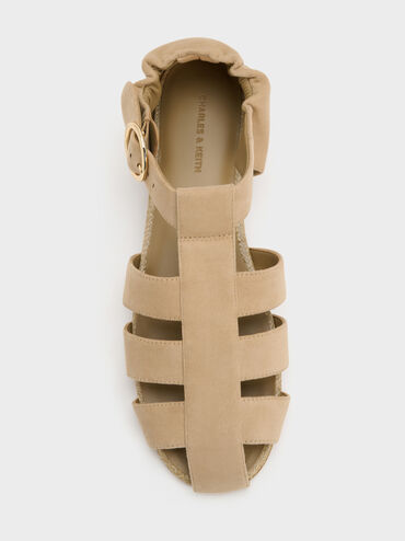 Sepatu Flat Espadrilles Caged Faux Suede, Sand, hi-res