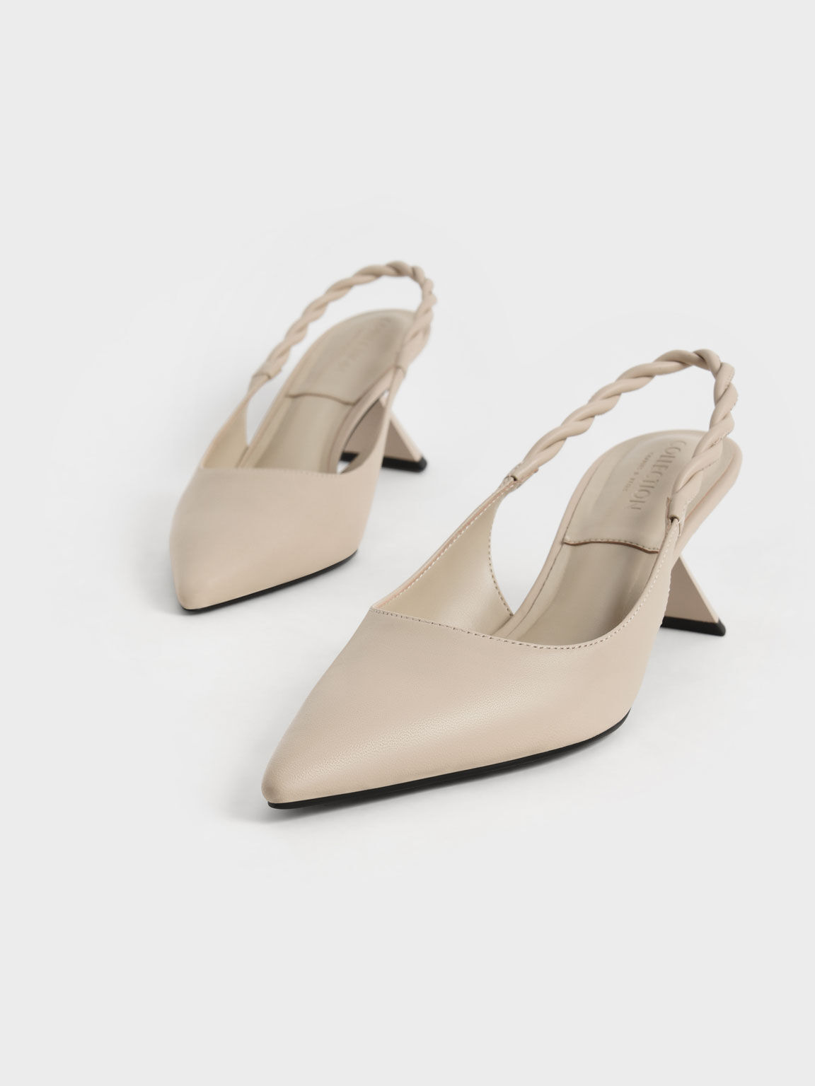 Beige Leather Braided Slingback Pumps 