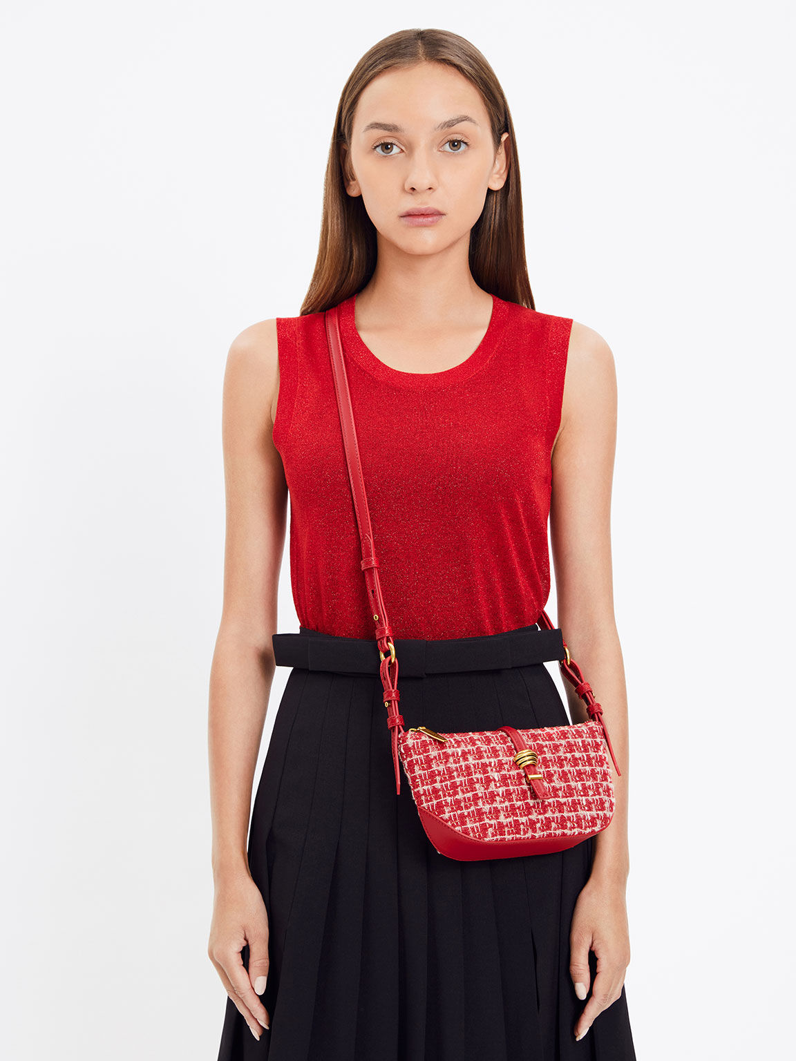Trudy Tweed Belted Geometric Bag, Red, hi-res