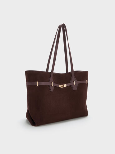Arlet Recycled Suede Double-Handle Belted Tote Bag, Espresso Brown, hi-res