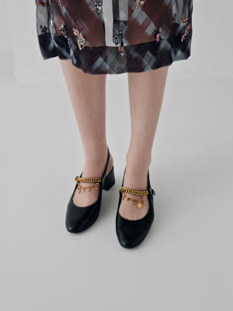 Sepatu Pumps Slingback Mary Jaane Charm Double-Chain, Black, hi-res