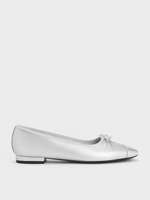 Sepatu Ballet Flats Bow, Silver, hi-res