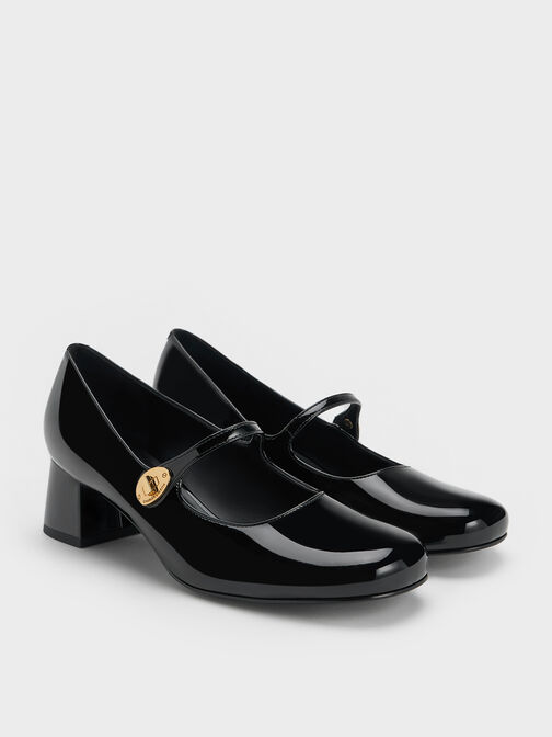 Sepatu Mary Janes Patent Metallic-Buckle Block-Heel, Black Patent, hi-res