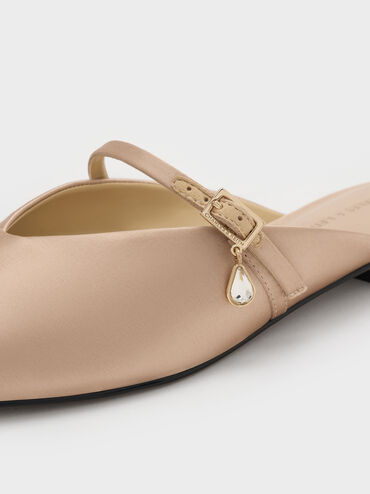 Sepatu Mules Teardrop-Crystal Flat Satin, Gold, hi-res