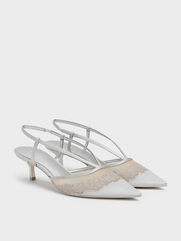 Sepatu Kitten Heels Slingback Embroidered-Satin, Silver, hi-res